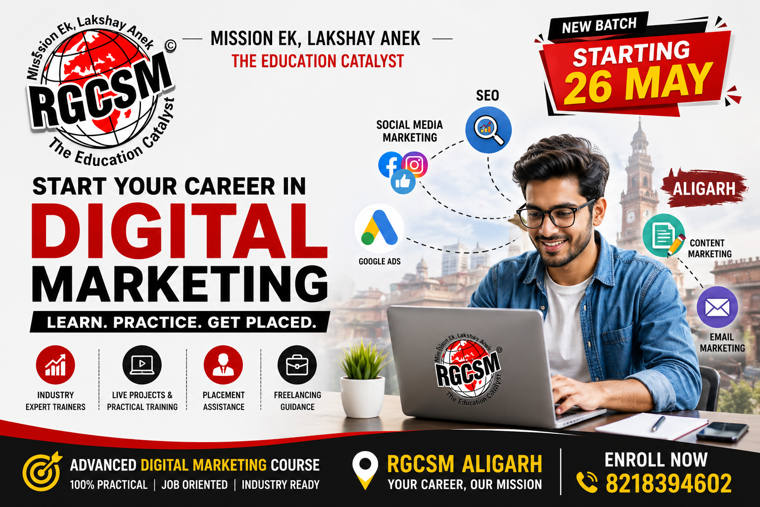 Digital marketing course in Aligarh by RGCSM institute with placement assistance and new batch starting 26 May